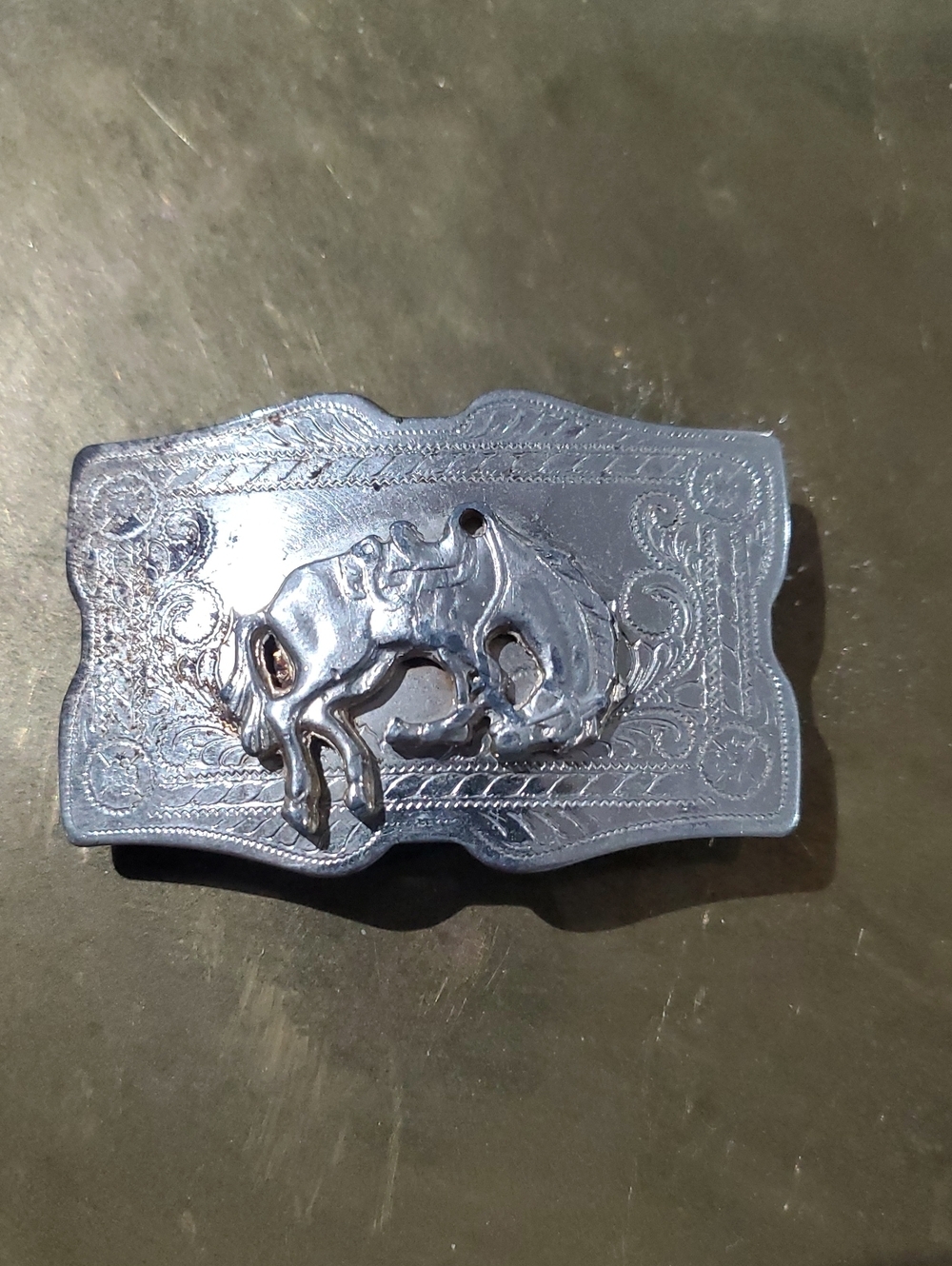 Silver Western Buffalo Belt Buckle - Unbranded Rider Horse Bronco Cowboy Etched